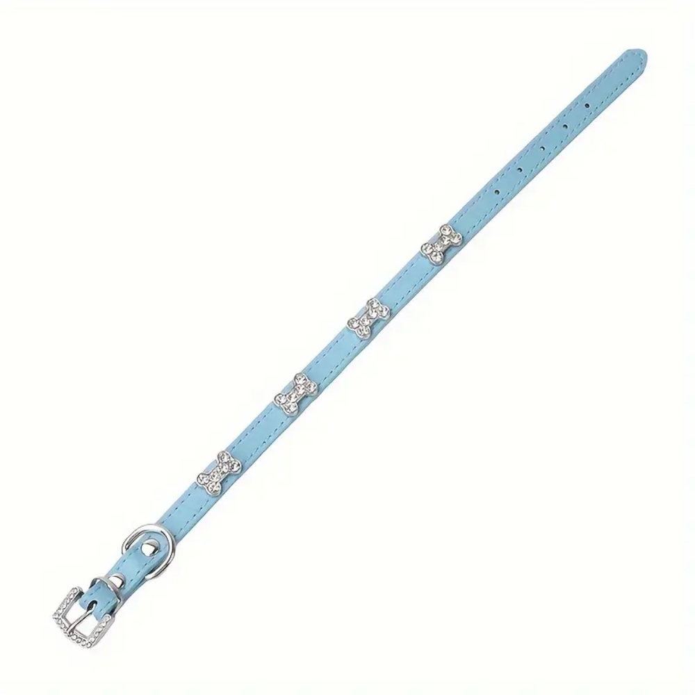Dog Collar, Rhinestone Bone Decor Dog Collar, Adjustable Leather Dog Collar